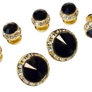 Jet Black Faceted Crystal Center / Clear Chex Crystal Rim Cufflinks and Studs